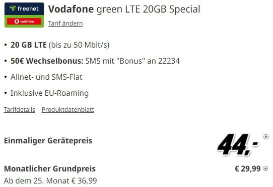 Apple iPhone 14 für 44€ + 20GB LTE Vodafone 29,99€ mtl. + 50€ Bonus