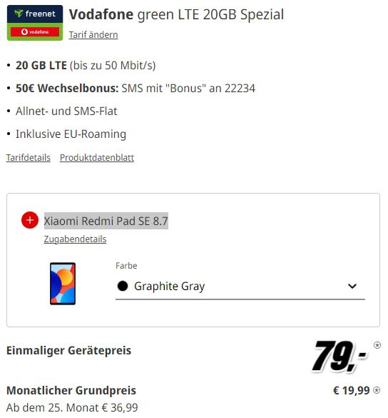 Xiaomi 14 inkl. Redmi Pad SE 8.7 für 79€ + 20GB Vodafone 19,99€ mtl. + 50€ Bonus