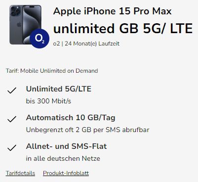 📱 Apple iPhone 15 Pro Max 512GB für 150€ + o2 unlimited 5G für 59,99€ mtl.