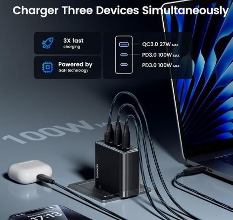 toocki 3 Port USB C/A Ladegerät mit bis 100W für 23,99€ (statt 40€)