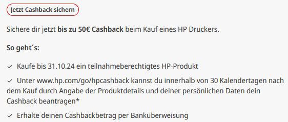 Media Markt: Bis zu 50€ Cashback auf HP Drucker   z.B. ENVY 6432e für eff. 89,99€ (statt 121€)