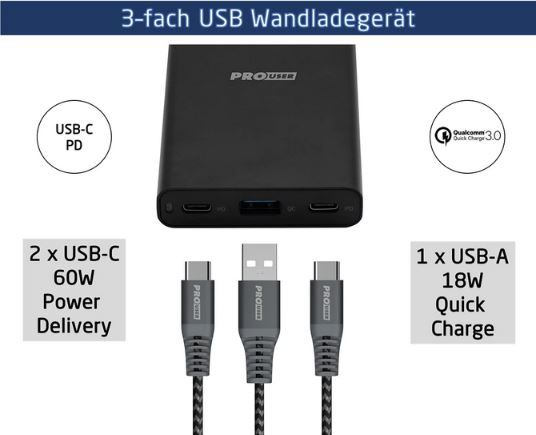 Pro User USB C/A 3 Port Ladegerät mit bis 60W für 19,99€ (statt 40€)