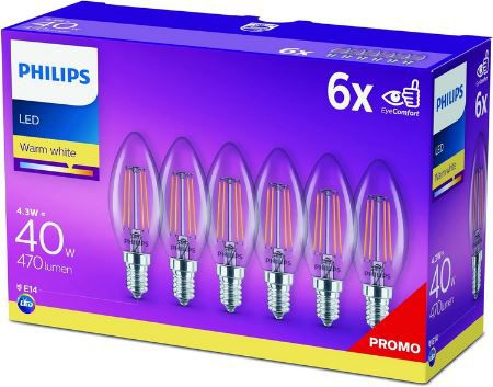 6er Pack Philips LED Classic E14 Lampen, warmweiß für 13,99€ (statt 20€)