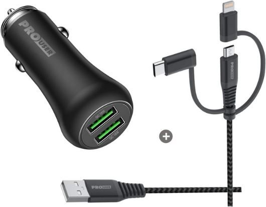 Pro User Dual Car USB Charger mit 3 in 1 USB Kabel, 36W für 9,99€ (statt 20€)