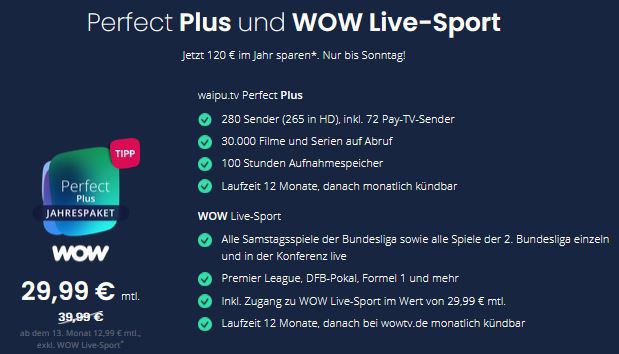 📺 ⚽️ 1 Jahr WOW Live Sport + 1 Jahr waipu.tv Perfect Plus für 29,99€ mtl. (statt 43€ mtl.)