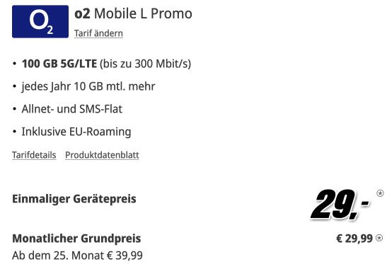 💣 Apple iPhone 15 für 29€ + o2 Allnet 100GB LTE/5G für 29,99€ mtl   eff. 1,66€ mtl!