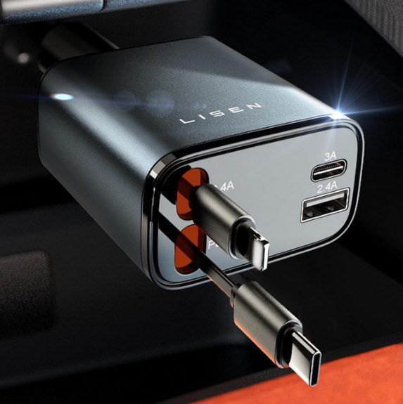 LISEN 69W Einziehbares Kfz Ladegerät mit Lightning, USB & USB C für 19,99€ (statt 40€)