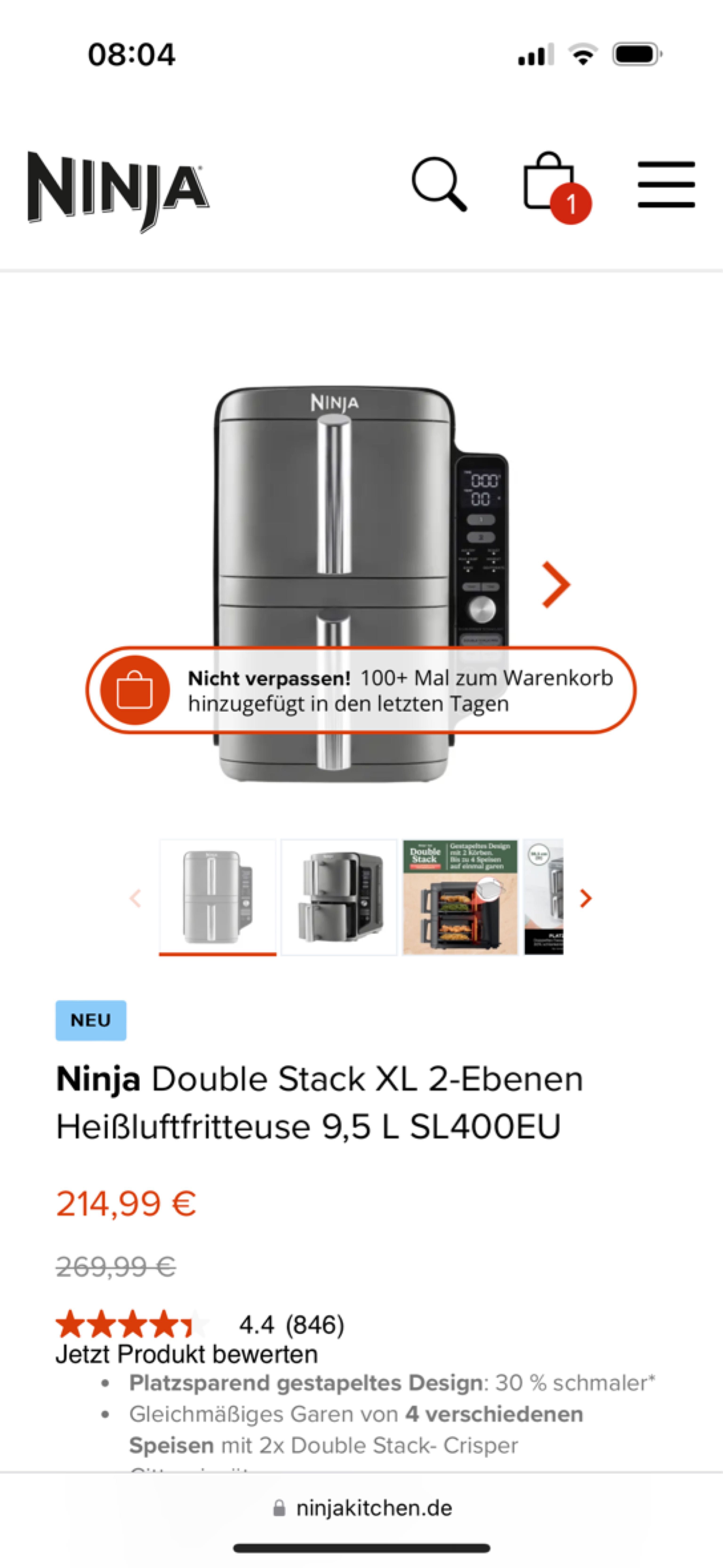 Ninja Double Stack XL 2 Ebenen Heißluftfritteuse 9,5 L SL400EU