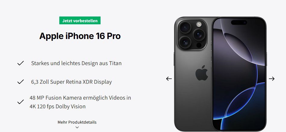 Apple iPhone 16 Pro 128GB für 449,95€ + Telekom AllNet/SMS 80GB für 69,95€ mtl.