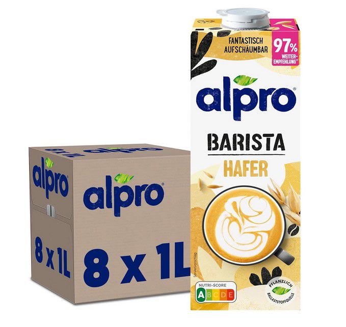 8x Alpro Barista Haferdrink 1L zum Aufschäumen für 11,99€ (statt 20€)