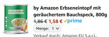 800g by Amazon Erbseneintopf mit geräuchertem Bauchspeck ab 1,58€