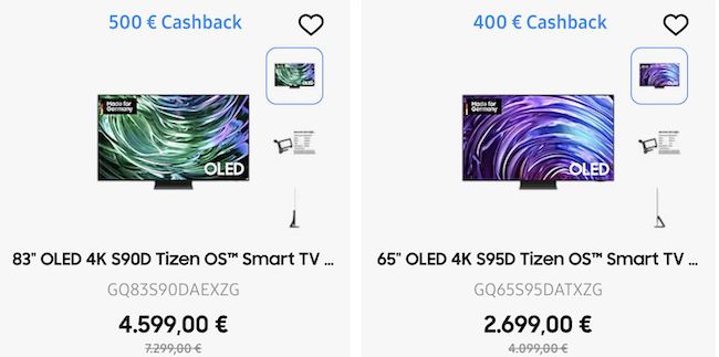 Samsung: bis zu 900€ Cashback auf TVs   z.B. 77 OLED 4K S85D eff. 2.449€ (statt 3.199€)