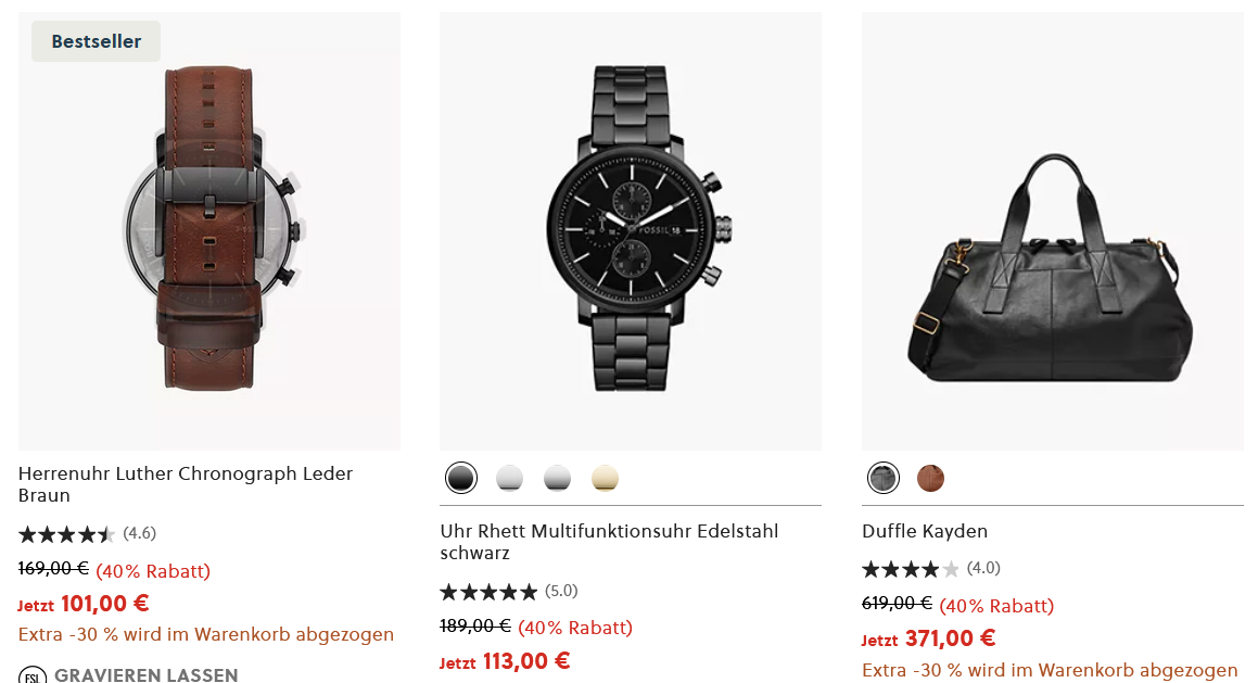 ⌚Fossil Sale  30% + 15% Gutschein   z.B. Herrenuhr Bannon für 65,45€ (statt 95€)