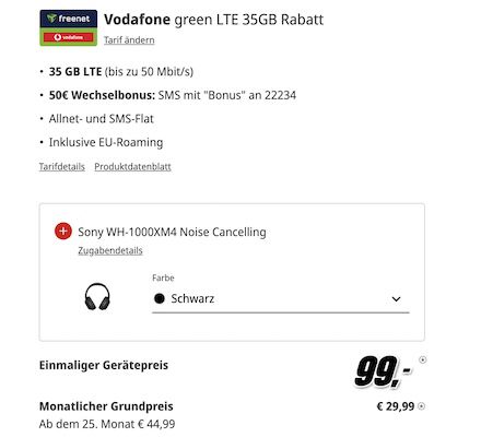 Über 380€ Gewinn 🤯 Sony XPERIA 1 V inkl. Over Ear + Vodafone 35GB für 29,99€ mtl.