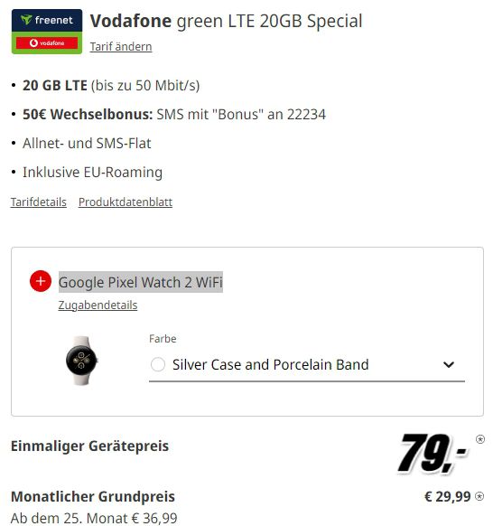 🔥 Google Pixel 8 Pro für 79€ +  Google Pixel Watch 2 WiFi + 20GB Vodafone für 29,99€ mtl. +50€ Bonus