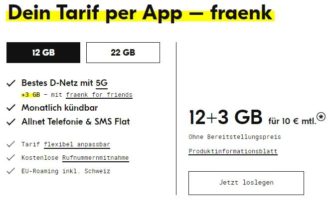 🔥 fraenk: Telekom Allnet Flat mit 15GB 5G nur 10€ mtl.