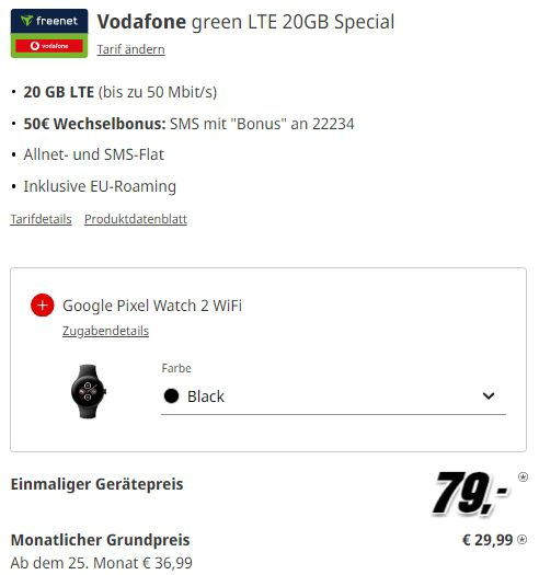 🔥 Google Pixel 8 Pro für 79€ +  Google Pixel Watch 2 WiFi + 20GB Vodafone für 29,99€ mtl. +50€ Bonus