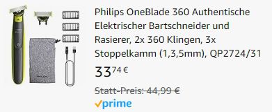 Philips OneBlade 360 QP2724/31 inkl. 2 Klingen, 3 Aufsätze & Tasche für 33,74€ (statt 45€)