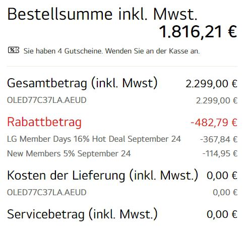 LG OLED77C37LA   77 Zoll OLED evo Fernseher für 1.816€ (statt 2.249€)