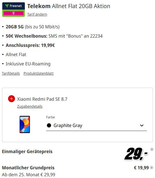 Xiaomi 14T Pro (512GB) für 29€ + Telekom 20GB 5G für 19,99€ mtl. + GRATIS Tablet + 50€ Bonus