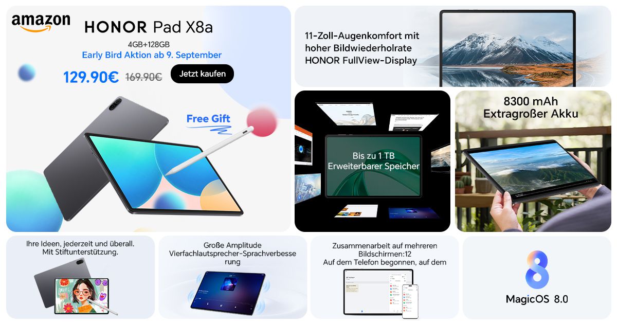 HONOR Pad X8a Tablet mit 128/4GB für 129,90€ (statt 150€)