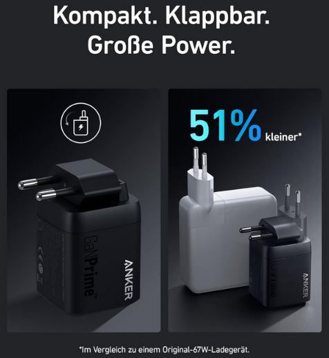 Anker Prime 3 Port USB C + A Ladegerät mit 67W für 44,99€ (statt 60€)