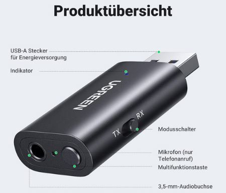 UGREEN 2 in 1 Bluetooth 5.1 Adapter mit Klinke für 12,99€ (statt 19€)