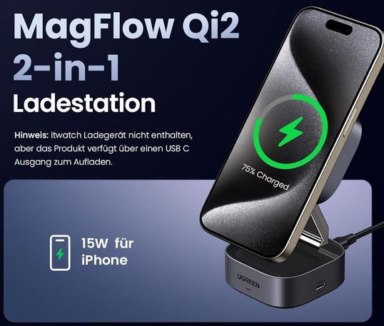 Ugreen MagFlow Qi2  2 in 1 Ladestation mit MagSafe für 37,99€ (statt 60€)