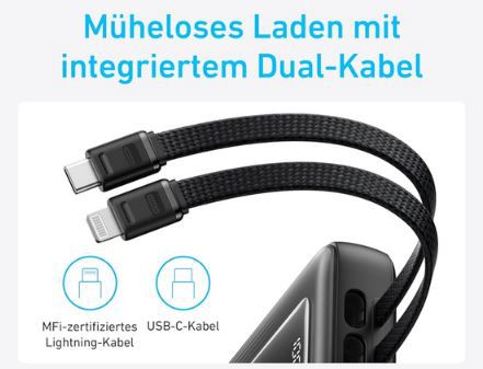 Anker Powerbank mit 20.000mAh, 30W & 2 integrierte Ladekabel für 39,09€ (statt 46€)