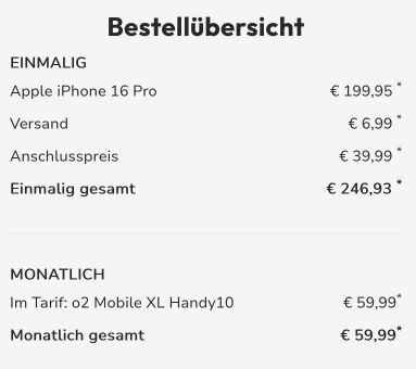 🍏 Apple iPhone 16 Pro für 199,95€ + 280GB o2 5G Allnet für 59,99€ mtl