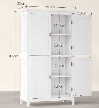 VASAGLE Badezimmerschrank mit 4 Türen klassikweiß für 66,99€ (statt 87€)