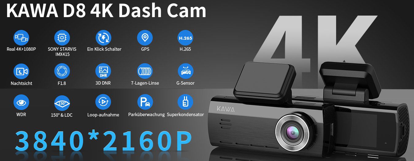 KAWA D8 4K WiFi Dashcam mit GPS, DualCam & 64GB Karte für 86,79€ (statt 130€)