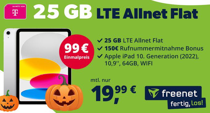 Apple iPad (2022) mit 64GB für 99€ + Telekom 25GB Allnet für 19,99€ mtl + 150€ Bonus