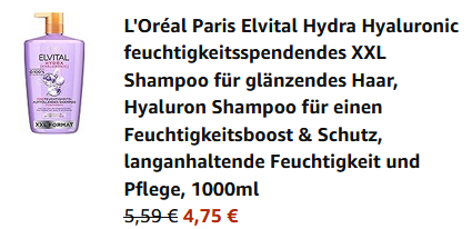 1 Liter LOréal Paris Elvital Hydra Hyaluronic Shampoo ab 4,75€ (statt 10€)