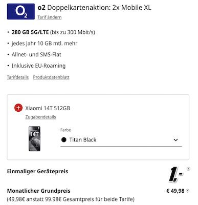 Nur HEUTE: 😱 ➡️ 2x Xiaomi 14T + 2x Redmi Pad Pro + 2x o2 Allnet 280GB für 49,98€ mtl.