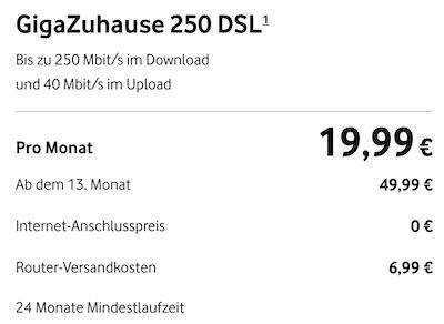 Vodafone DSL 50 für eff. 25,82€ mtl. oder DSL 250 für eff. 30,82€ mtl. dank 100€ Cashback