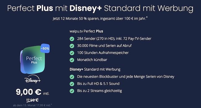 HAMMER! Nur 9€ mtl. 📺 50% Rabatt auf waipu.tv Perfect Plus inkl. Disney+