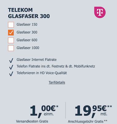 Telekom Glasfaser   z.B. Glasfaser 300 inkl. Fritzbox 5590 Fiber eff. 23,48€/Monat