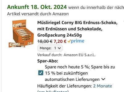 Schnell? 🥜 24er Pack Corny Big Erdnuss Schoko Müsliriegel ab 7,20€ (statt 18€)