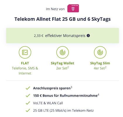 🔥 Telekom Allnet Flat mit 25GB LTE für effektiv 5,95€ mtl. + 6x SkyTags