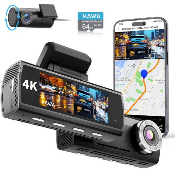 KAWA D8 4K WiFi Dashcam mit GPS, DualCam & 64GB Karte für 86,79€ (statt 130€)