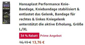 Wow! Hansaplast Performance Knie Bandage, Größe L/XL ab 13,76€ (statt 27€)