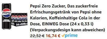 🥤 24x Pepsi Zero Zucker (je 0,33L) für 16,74€ (statt 21€)