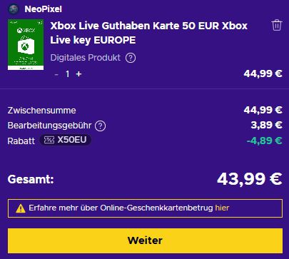 🎮 50€ XBox Live Guthabenkarte für 43,99€