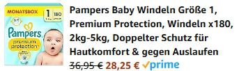 👶 180er Pack Größe 1 Pampers Baby Windeln   2 bis 5 kg ab 28,25€ (statt 37€)