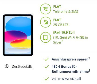 Apple iPad (2022) mit 64GB für 99€ + Telekom 25GB Allnet für 19,99€ mtl + 150€ Bonus