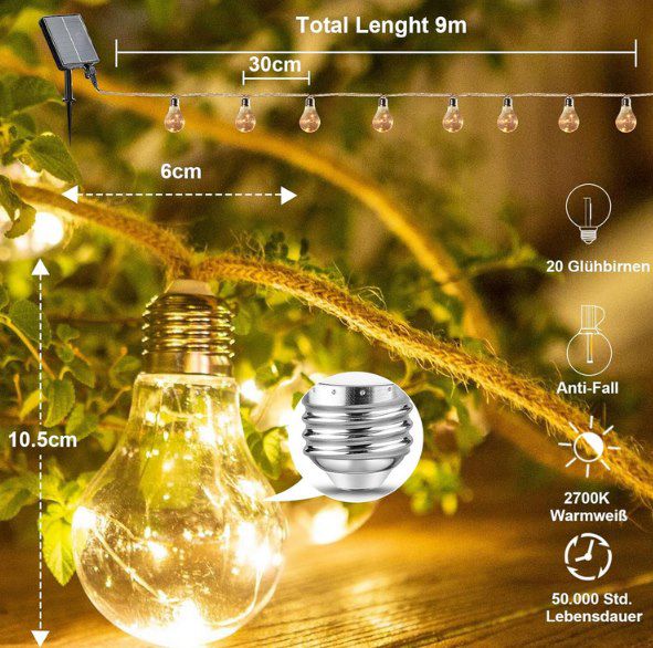 Solar LED Außenlichterkette (9m) mit 20 Lampen & 8 Modi für 12,99€ (statt 17€)