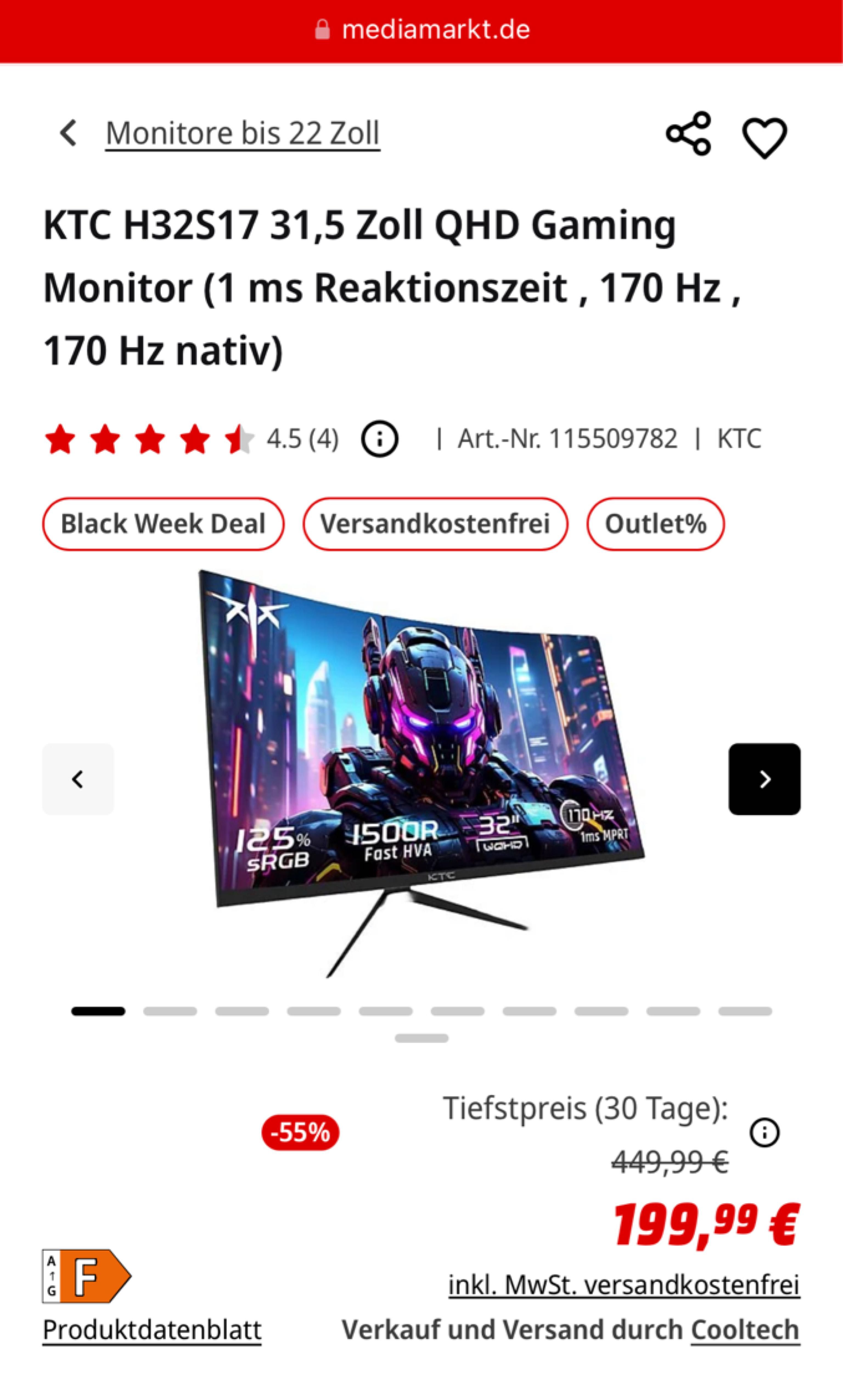 KTC H32S17 31,5 Zoll QHD Gaming Monitor (1 ms Reaktionszeit , 170 Hz , 170 Hz nativ)