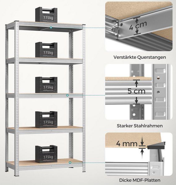 2x SONGMICS Schwerlastregal (40x90x180) bis 875kg belastbar für 41,99€ (statt 50€)