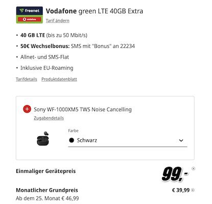 Sony Xperia 1 VI inkl. In Ear Kopfhörer für 99€ + Vodafone Allnet 40GB für 39,99€ mtl. + 50€ Bonus